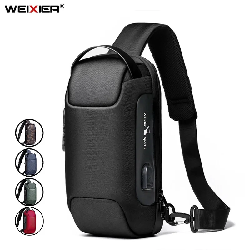 WEIXIER Túi Xách Đeo Vai Nam USB Chống Nước Người Đeo, Chống Trộm Du Lịch Ngắn Sứ Giả Sling Thiết Kế Thời Trang Ngực túi