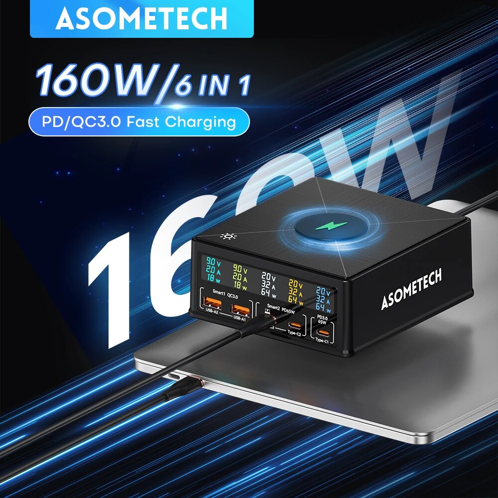 ASOMETECH 160W stacja ładująca USB bezprzewodowe ładowanie 100W 65W PD PPS GaN ładowarka szybka ładowarka do laptopa Tablet iPhone Samsung