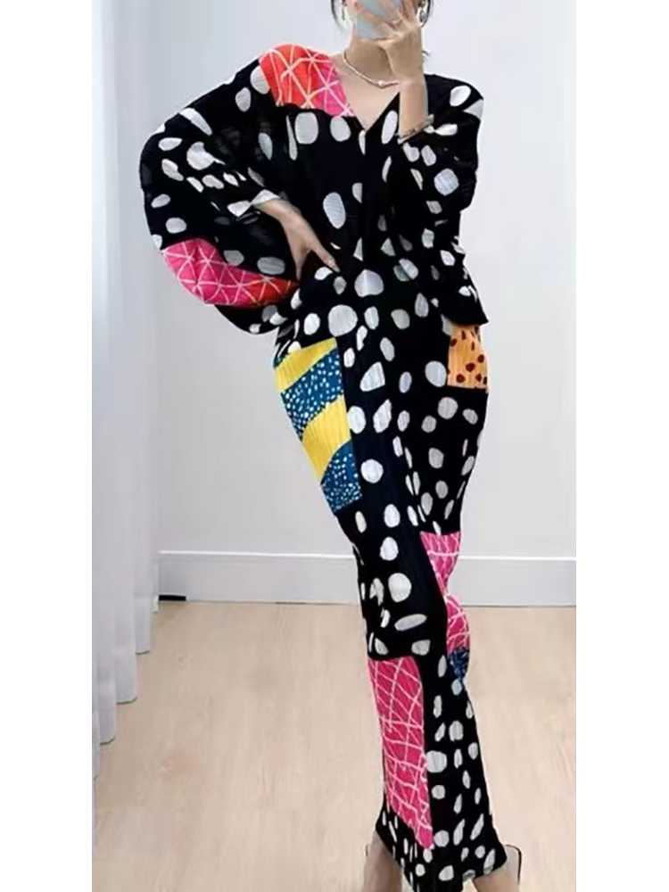 Miyake-vestido plisado para mujer, ropa de fiesta con estampado de Color contrastante, cuello en V, manga de murciélago, botonadura única, longitud media, 2023