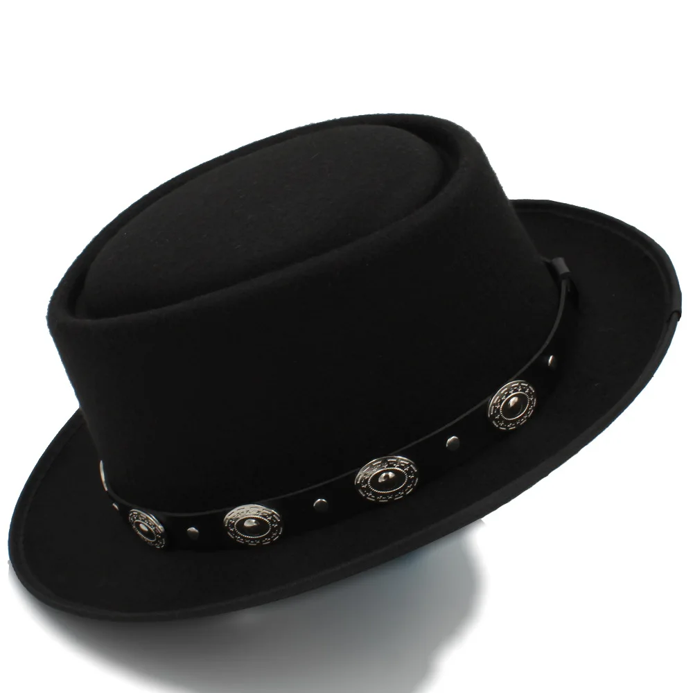 Topi Pork Pie Wanita Pria, Topi Fedora Wol Datar untuk Wanita Pria, Topi Gambler Boater Trilby, Ukuran Topi 58CM