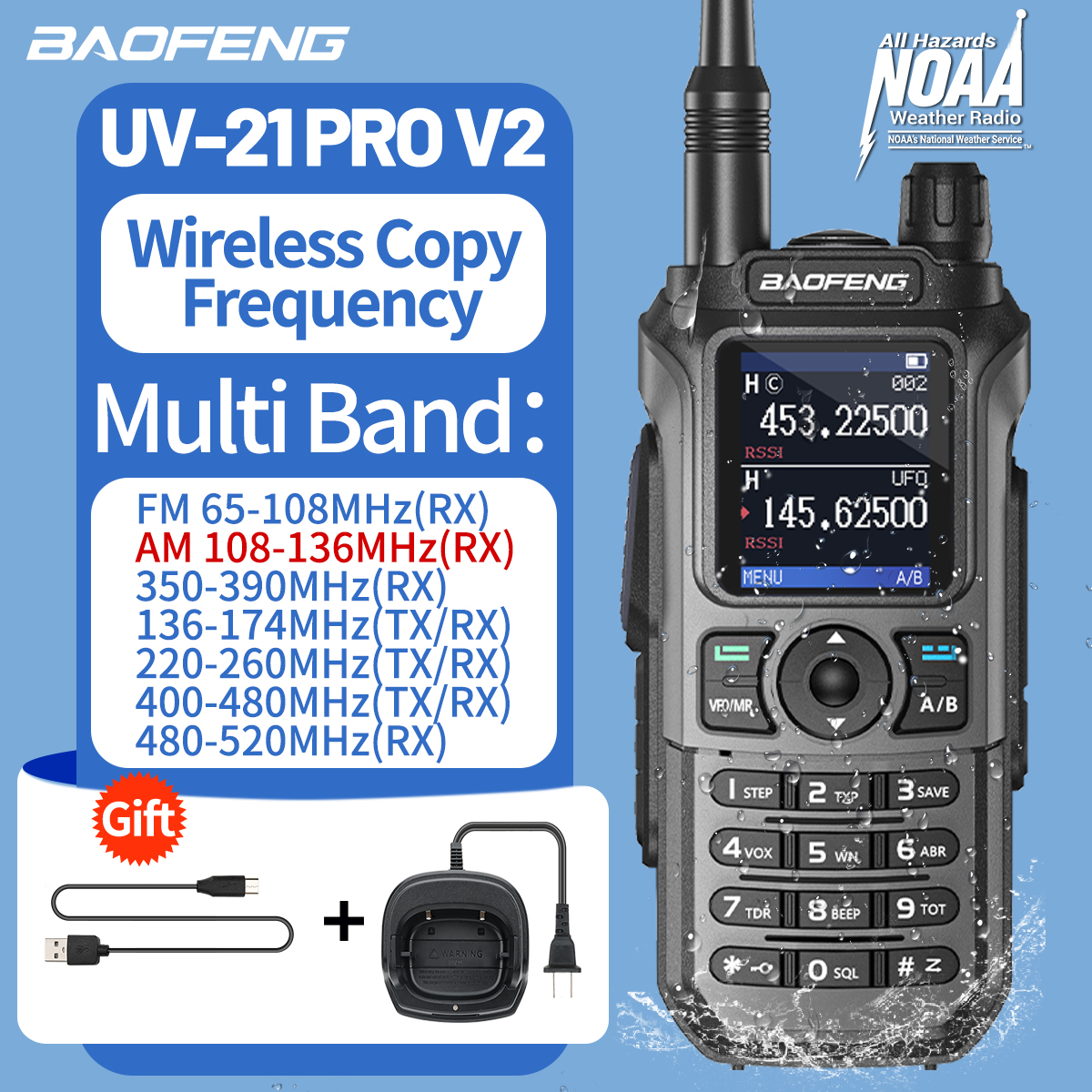Baofeng UV-21 Pro Air Band Walkie Talkie V2 Frecuencia de copia inalámbrica de largo alcance 999CH alta potencia tipo C UV-5R Radioaficionado Camping