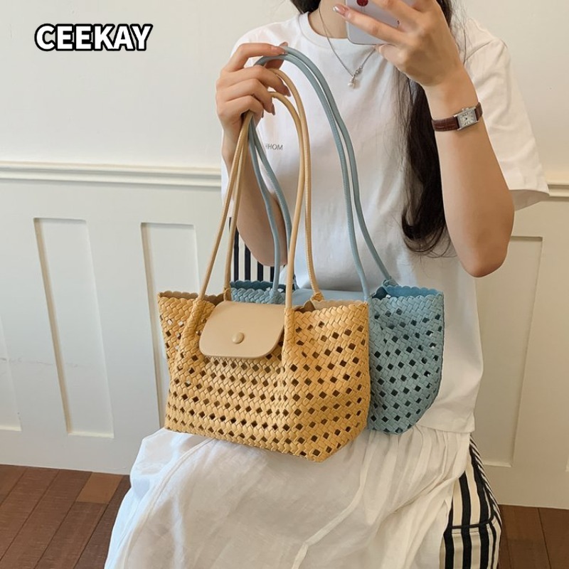 CEEKAY Solid Hollow Grid Embossed PU Open Top Schoudertas Bijpassend klein geweven muntzakje Eenvoudige klep met drukknoop Dunne lange handtas