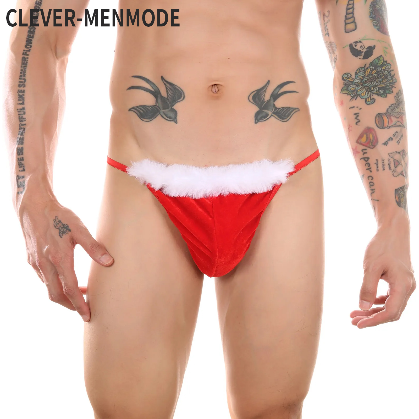 CLEVER-MENMODE Disfraz de Navidad para hombre, Tanga, Tanga, ropa interior erótica Sexy, lencería de pelusa de Papá Noel, calzoncillos, bragas