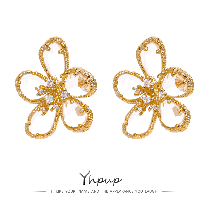 Yhpup Orecchini a bottone con fiore di zirconi lucidi Squisiti orecchini da donna placcati in rame 14 K alla moda