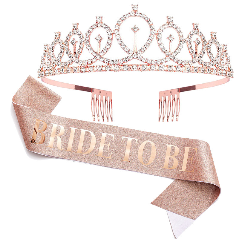1set Rose Gold Bride to Be Satin Sash Crown Wedding Bridal Shower Decorations Hen Night Accessories Bachelorette Party Supplies