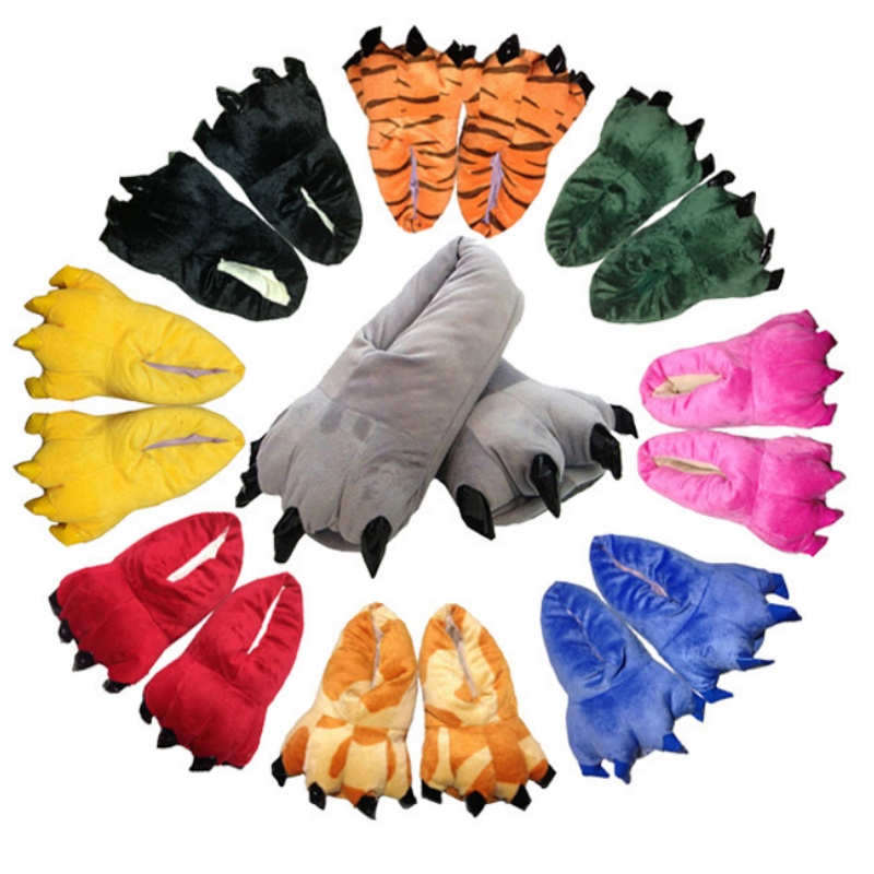 Winter Warme Zachte Indoor Vloer Slippers Vrouwen Mannen Schoenen Poot Grappig Dier Kerst Monster Dinosaurus Klauw Pluche Thuis Willekeurige Voering