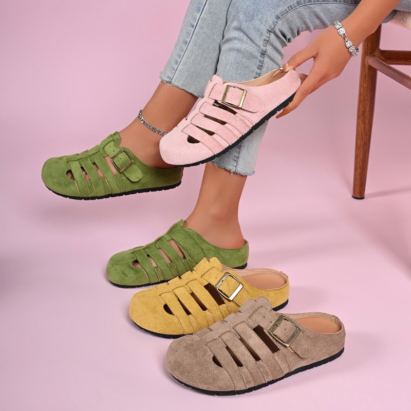 Dames Zomer Muiltjes Suède Vissersschoenen Gesloten teen Gesp Uitgesneden Platte vrijetijdsschoenen Zachte zool Comfortabele instappers