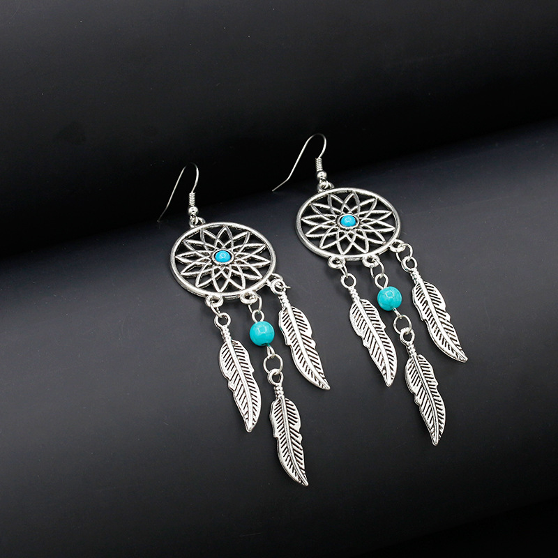 Boucles d'oreilles à pampilles longues rondes pour femmes, couleur argent, personnalité rétro, ajouré, attrape-rêves, à la mode, bijoux simples, cadeaux