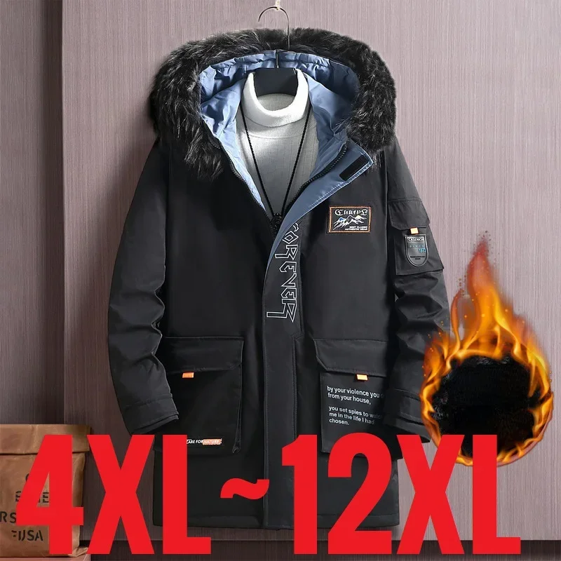 Duży rozmiar Odzież Męska Kurtka Zimowa Z Kapturem Polar Ciepła Długa Wyściółka Parki Męski Futrzany Kołnierz 150kg Extra Plus Odzież wierzchnia 12XL