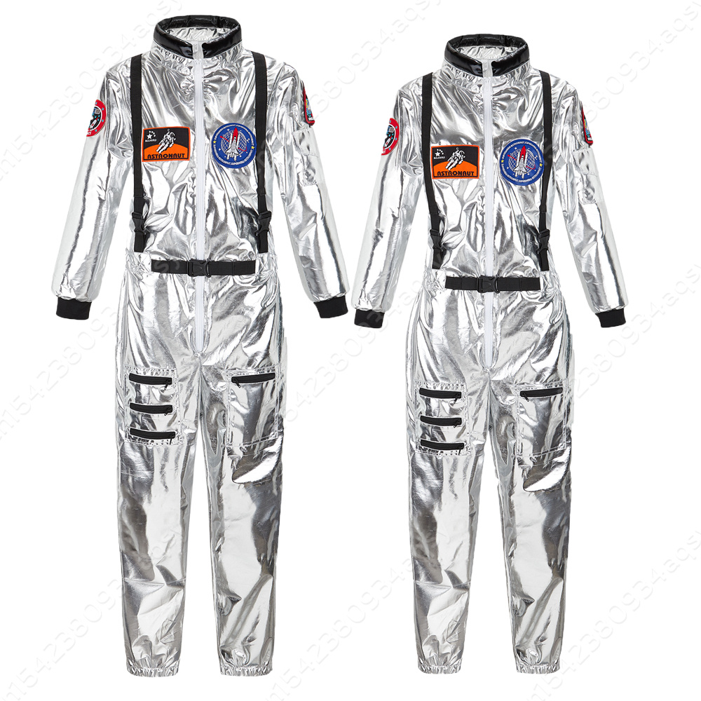 Disfraz de astronauta para hombre y mujer, traje de astronauta para parejas, traje espacial, mono plateado de talla grande para Halloween