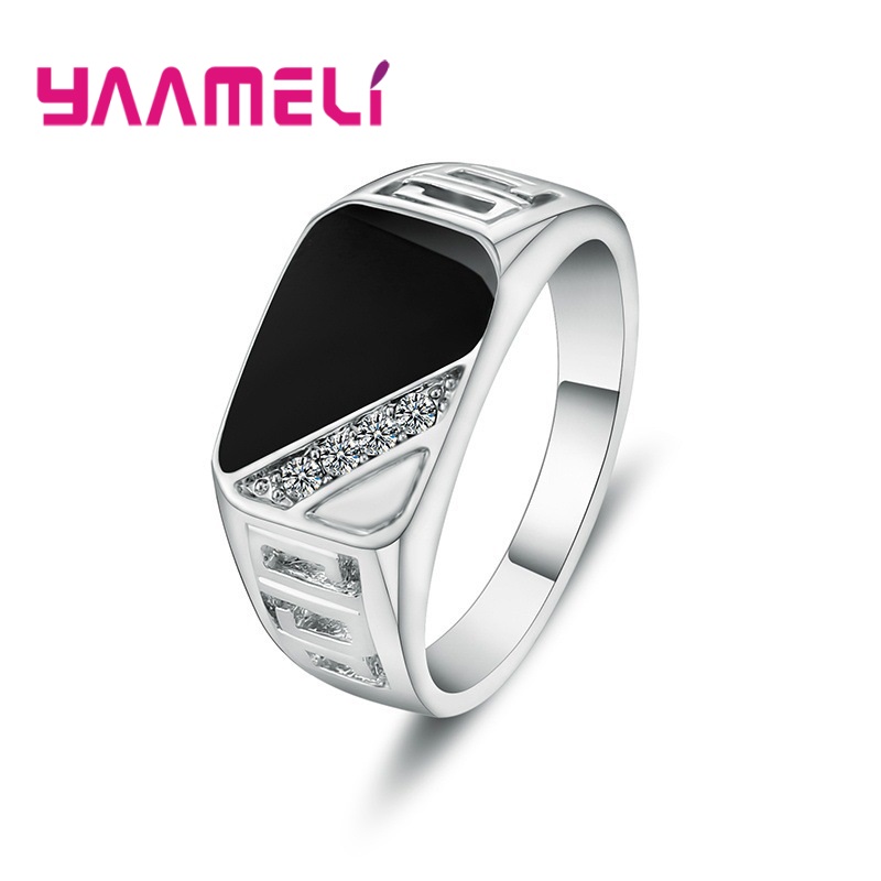 Anillo clásico de banda ancha para hombre, joyería de plata de ley 925 con diamantes de imitación cuadrados, color blanco y negro, estilo Hip Hop