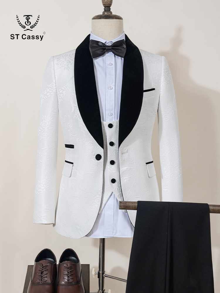 ST Cassy High Quality White Party Outfit for Man Luxury Retro Carving Slim Fit Tuxedo Prom Suit Fashion Male Groom Wedding