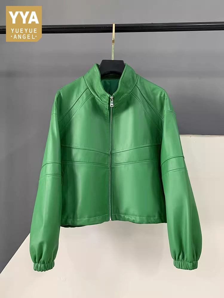 Wyprzedaż Jesienna Casualowa Kurtka Damska z Naturalnej Skóry Owczej Zapinana na Zamek Stójka Odzież Wierzchnia Biurowa Elegancka Skórzana Narzutka na Imprezę