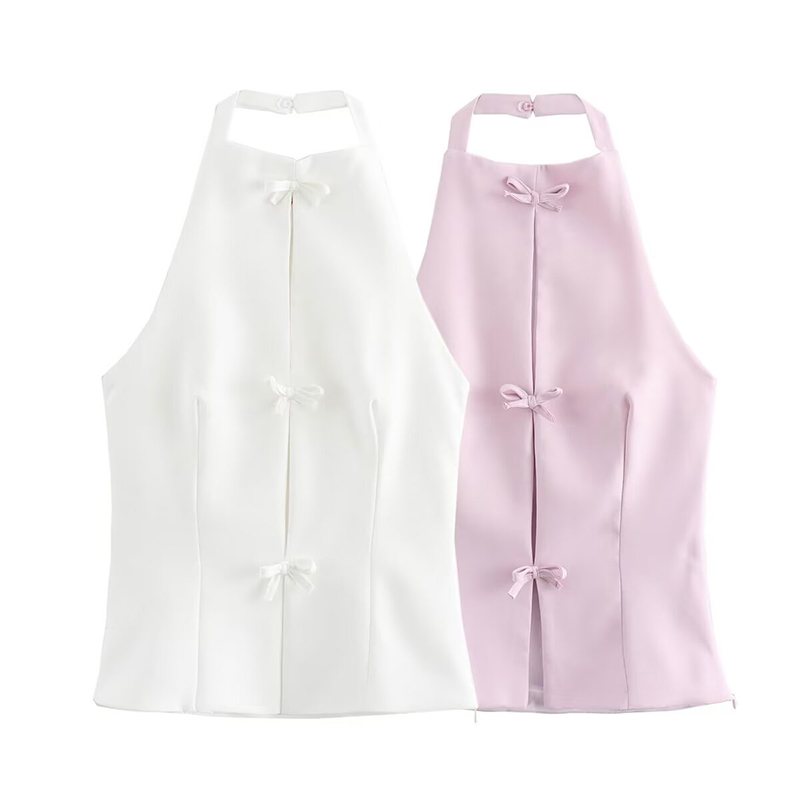 YENKYE Sexy Backless Bow Lace Up Halter Top Women High Street Summer Chic Crop Top White Pink ropa de mujer