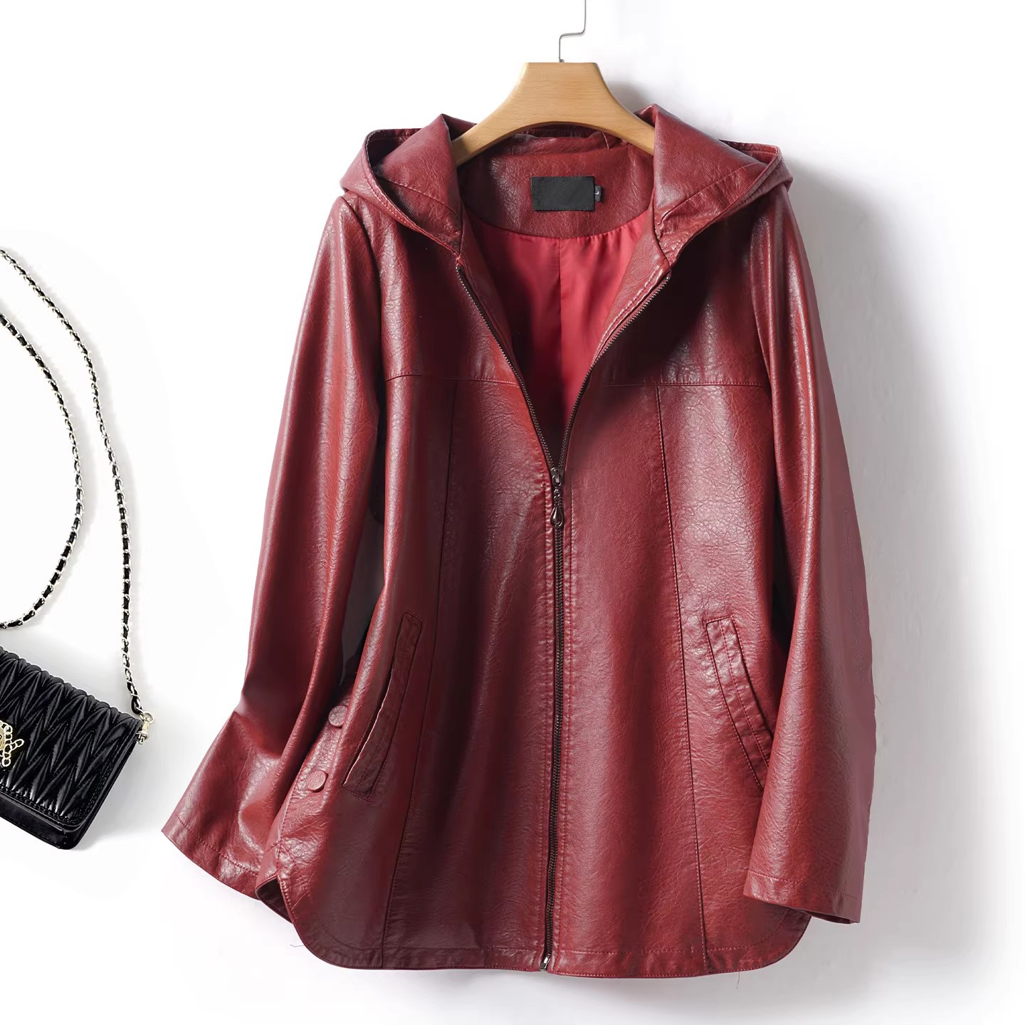 Neue Damen-Spaltlederjacke mit Kapuze, Frühling-Herbst-Mode, Schlichte Langarm-Lederjacke, Lässiger Mantel in Übergröße