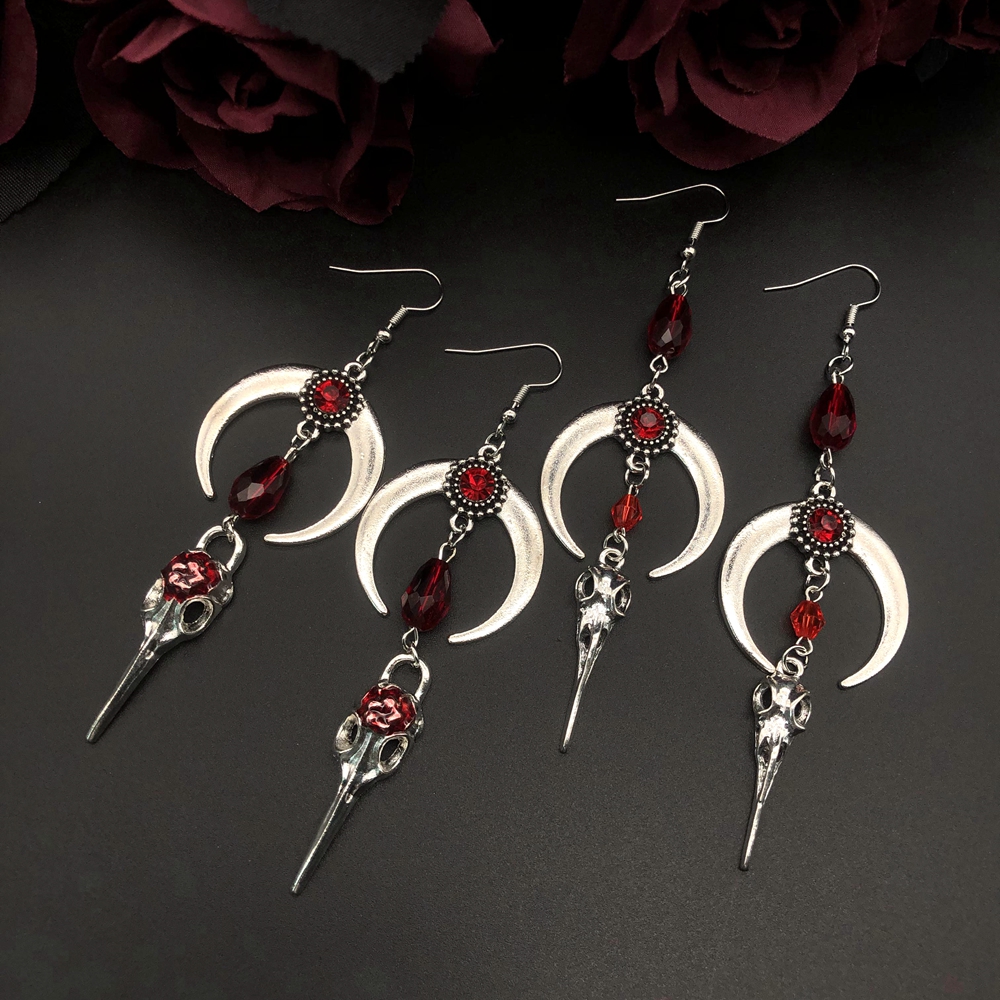 Die neuen Krähen-Schädel-Ohrringe, Goth-Punk-Stil, Hörner, rote Blutstropfen, Kristallschmuck, wunderschöne modische Damen-Geschenke