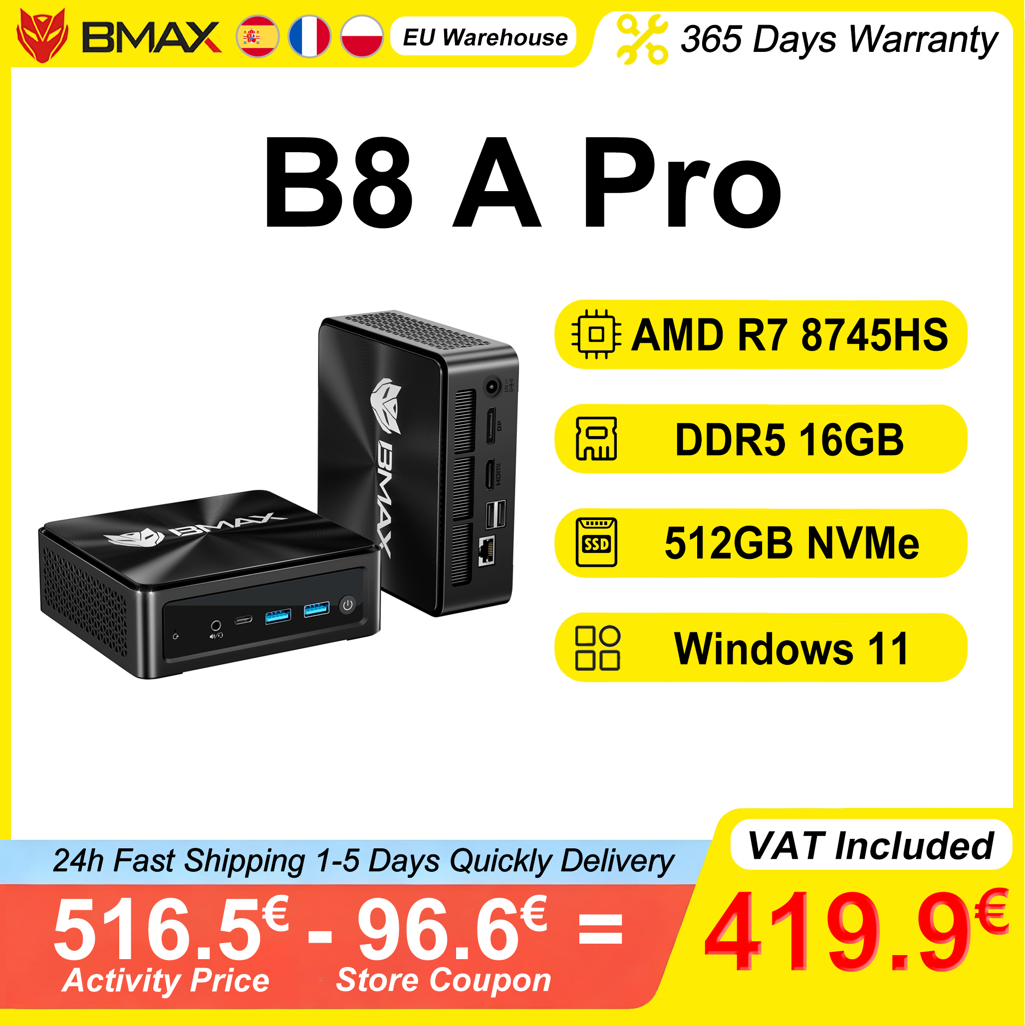 BMAX B8 A Pro Mini PC AMD Ryzen 7 8745HS 16 GB DDR5 4800 MHz RAM 512 GB NVMe SSD Windows 11 WiFi 6 Ondersteunt 4K bij 60 Hz AMD Radeon 780M
