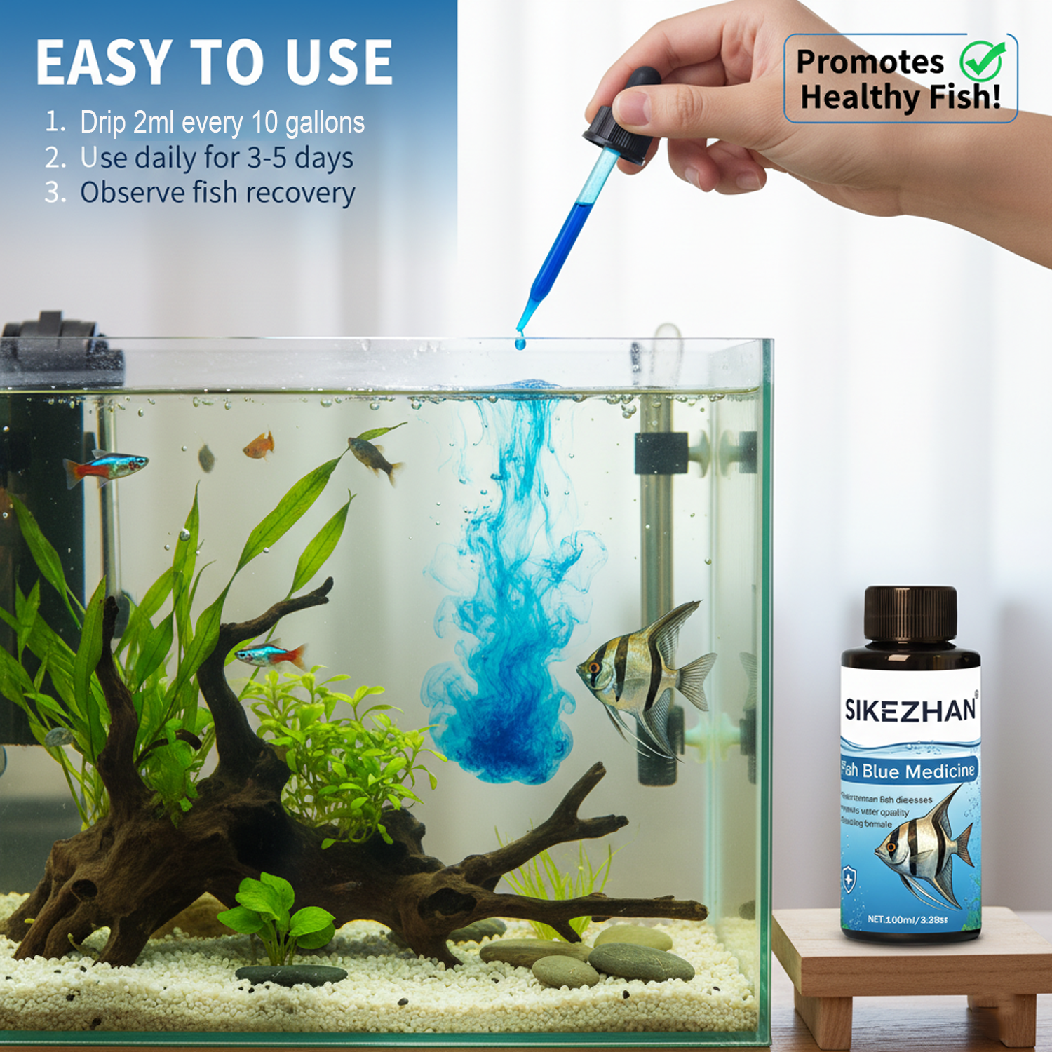 Solución azul de metileno de 500ml, tratamiento de peces de acuario, medicina antihongos de punto blanco Ich, segura para pecera de agua dulce Tropical