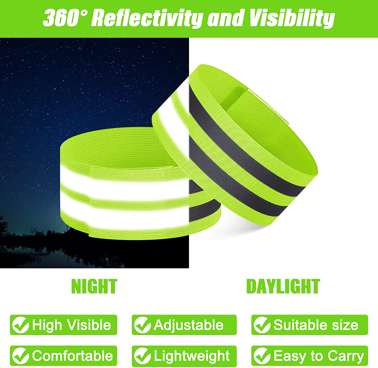 Bandas reflectantes de advertencia, brazalete elástico, cinta reflectante, correas de seguridad para ciclismo nocturno, correr, pesca, seguridad, 2 uds.