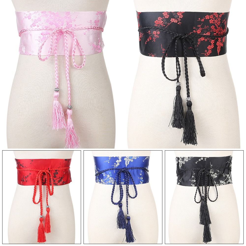 Corsé ancho japonés para mujer, faja Kimono con lazo, cinturón Vintage con estampado Floral, cinturilla de satén, accesorios de moda