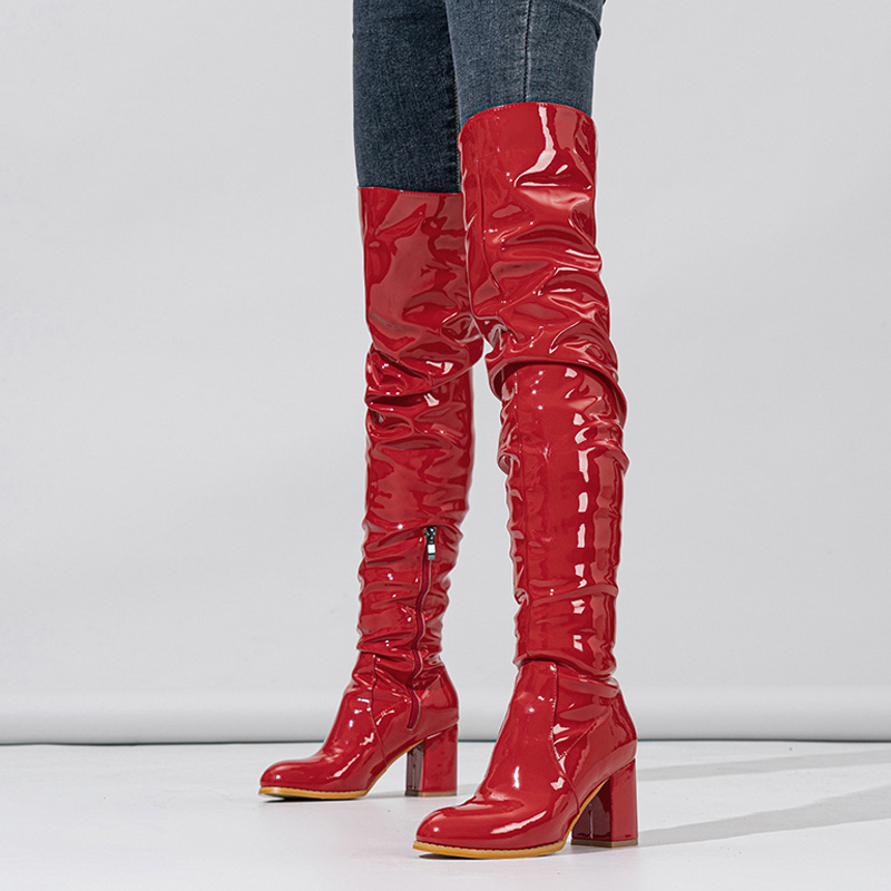 Veyke-Cuissardes de moto en cuir verni plissé pour femmes, chaussures au-dessus du genou, talons zippés, Parker rond, rouge, mode automne et hiver