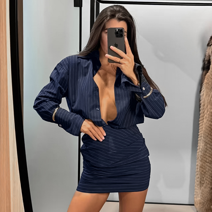 Linad élégant taille haute rayure chemise robe femmes 2025 rue Chic à manches longues robes minces femme bureau simple boutonnage robe