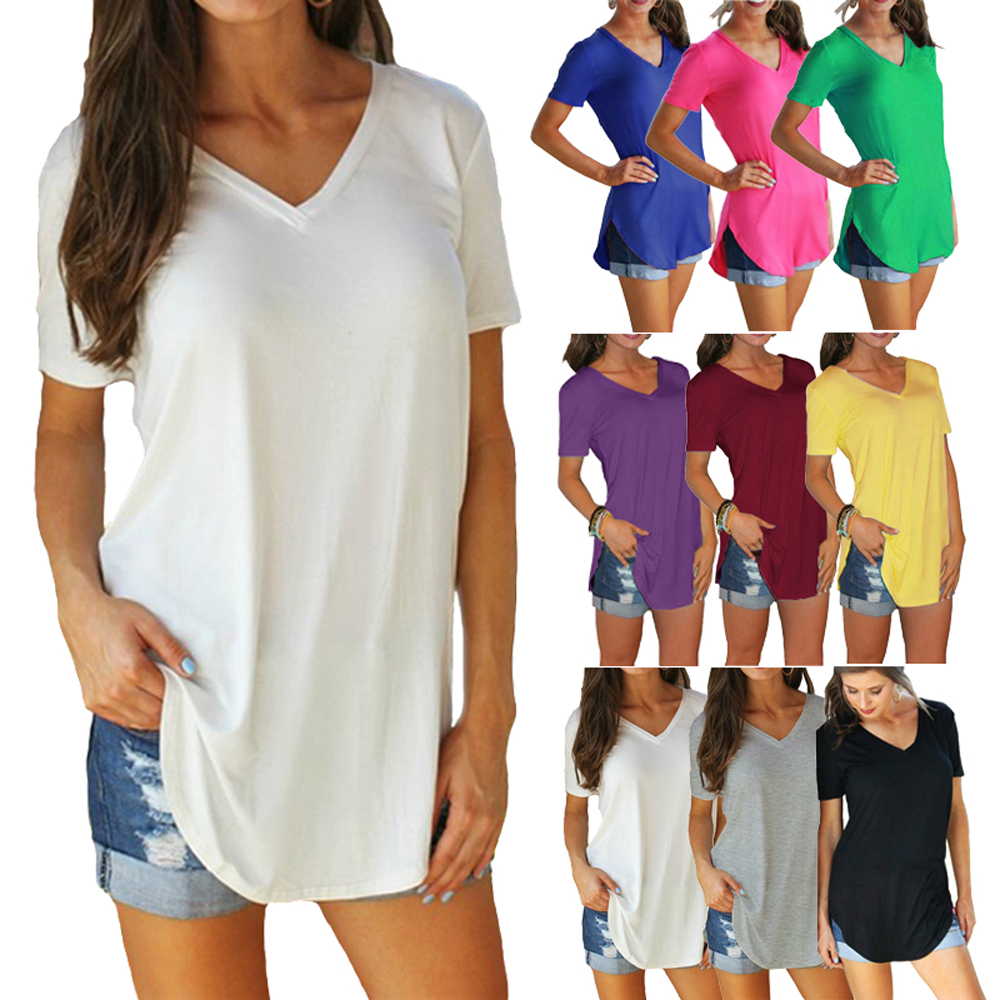 Sommer einfarbige Bluse V-Ausschnitt Kurzarm lose T-Shirt Saum Bogen Damen Kleidung