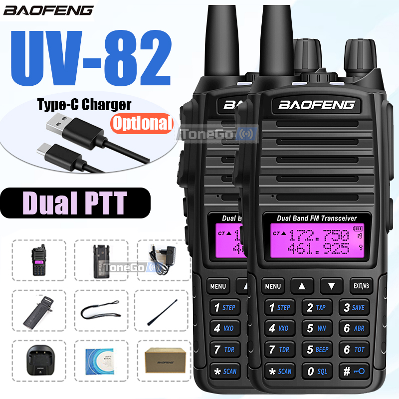 1/2 Uds Baofeng UV-82 Walkie Talkie 5/8W Tri-Power FM Radio tipo C cargador Dual PTT doble banda VHF/UHF camuflaje bidireccional para caza