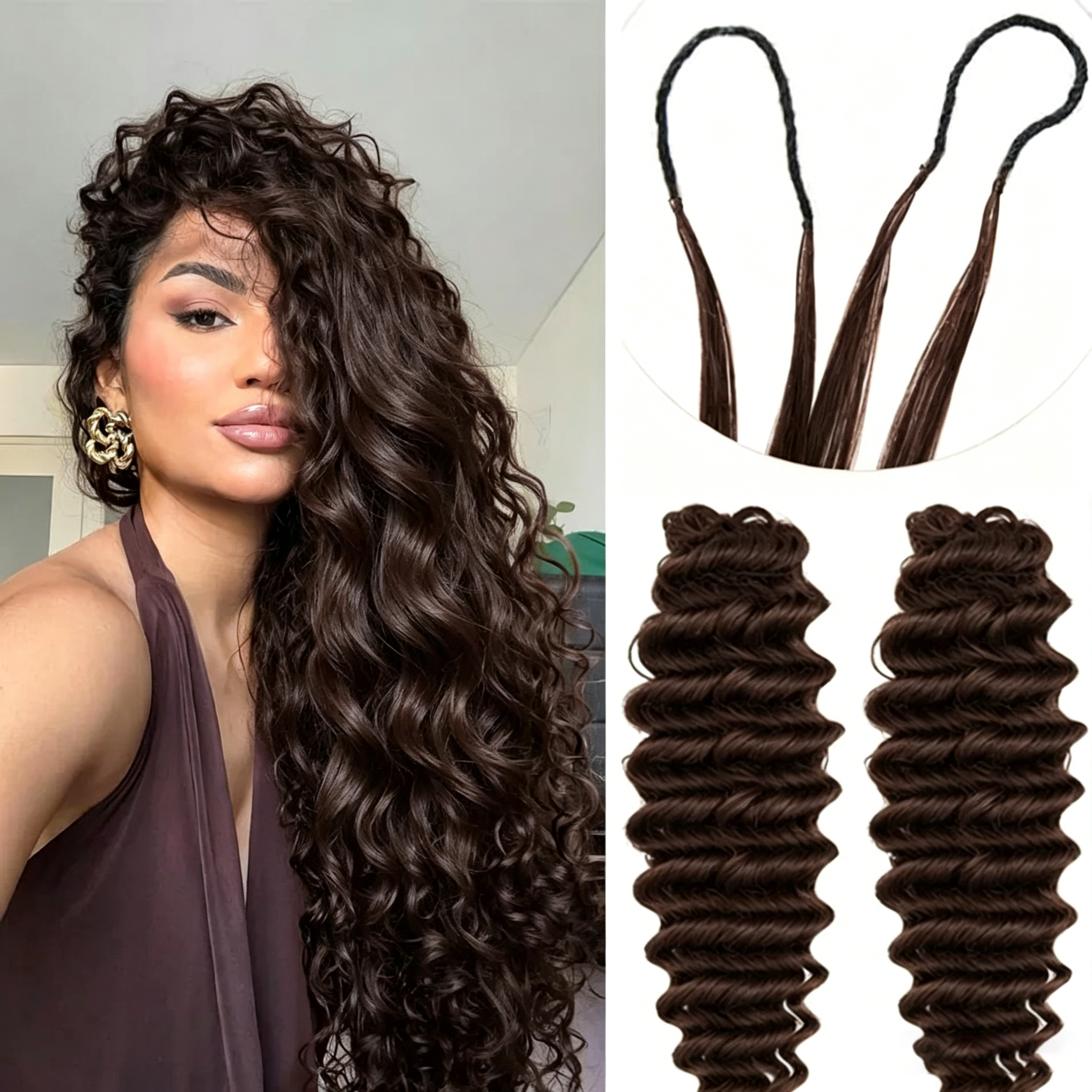 Smilegirl Extension per Capelli Umani Leggeri Senza Nodi, Ondulati, con Tecnica Feather Crochet, Ideali per Treccine Boho # 4 Ciocche di Capelli Castano Cioccolato