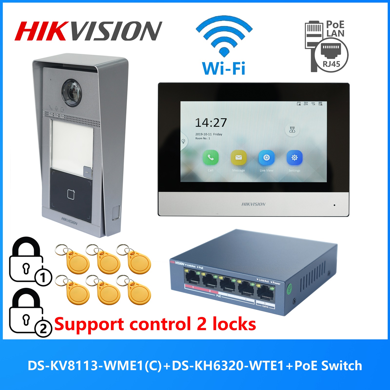 Многоязычный комплект видеодомофона HIKVISION 802.3af POE, включает DS-KV8113-WME1(C), DS-KH6320-WTE1 и коммутатор PoE
