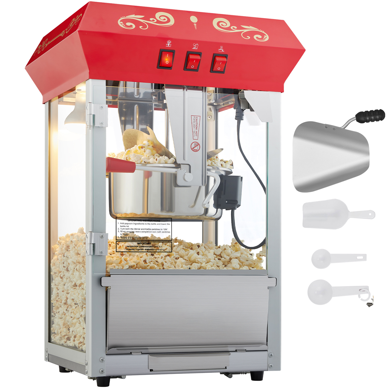 SucceBuy Elektryczna Maszyna do Popcornu 8/12Oz Komercyjna Automatyczna Maszyna do Popcornu z Łopatką i Łyżką Grzałka SUS304