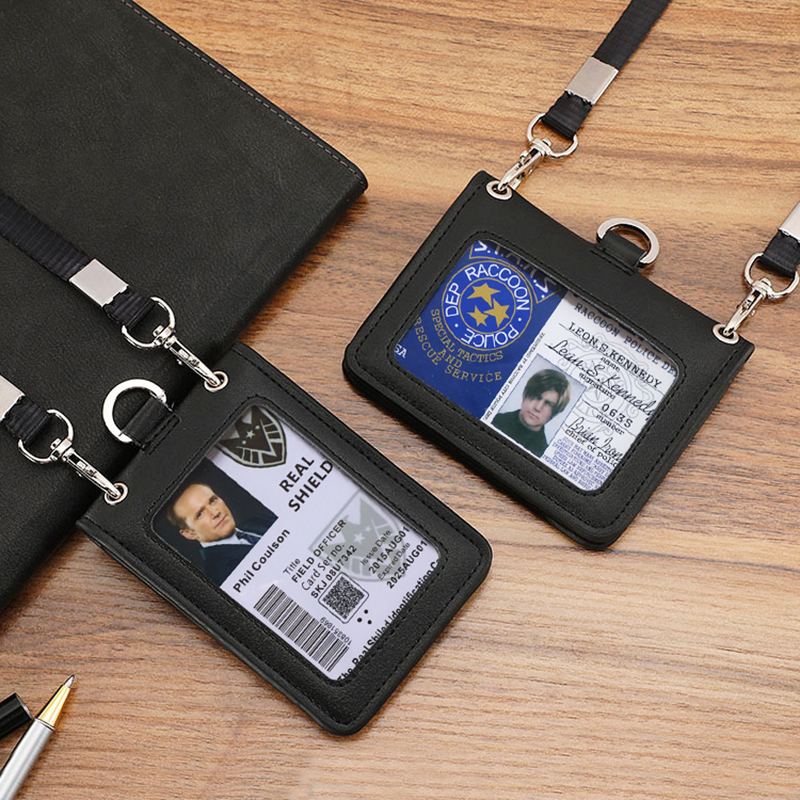 Insignia de policía de repórter, tarjetero de identificación, etiqueta de nombre comercial de cuero Real, bolsa para tarjetas en el pecho con cordón para el cuello, suministros para personal