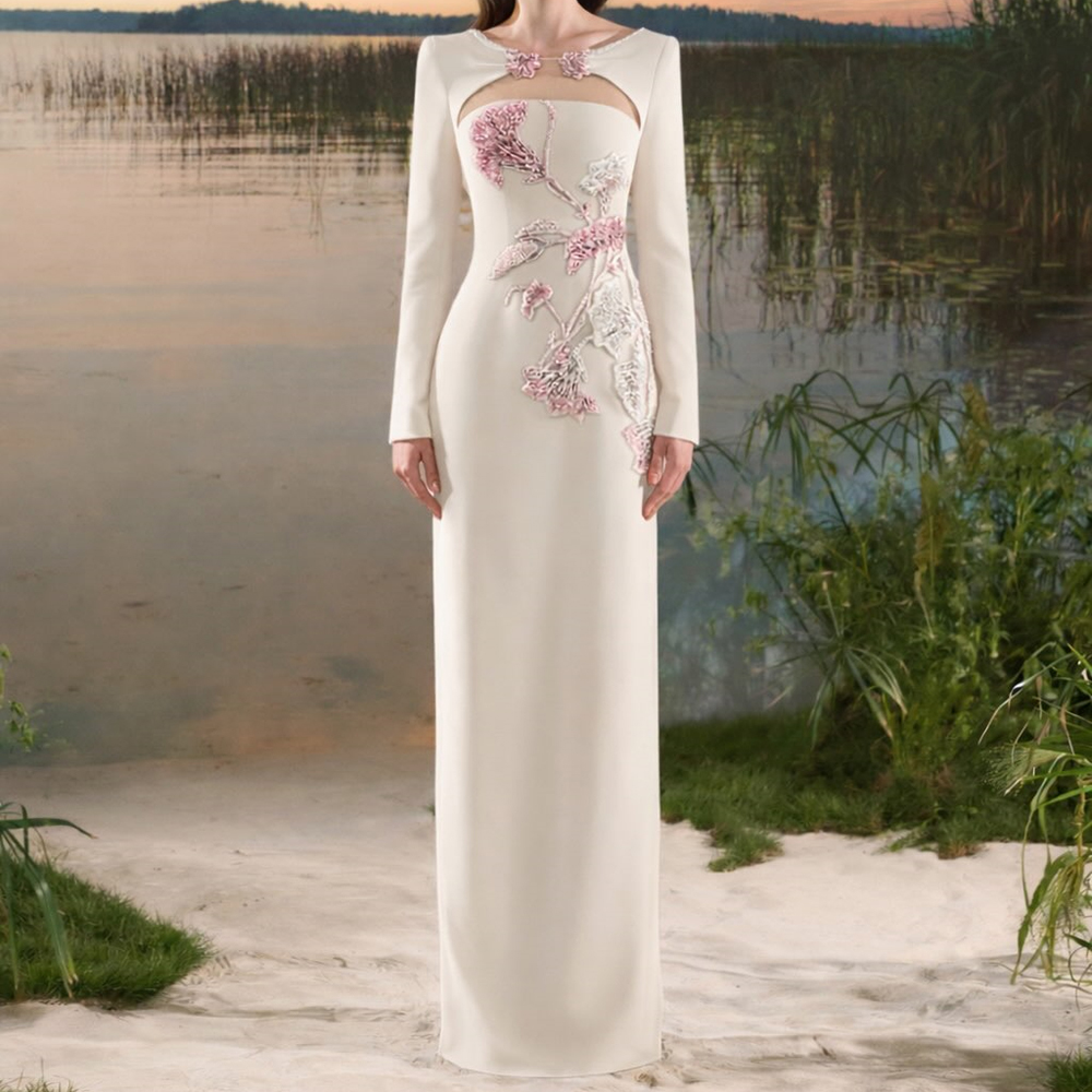 Straight Mermaid Evening Dresses Floor-length Scoop-neck Full Sleeve Prom Gown Fashion Crystal Flowers Customized Gowns