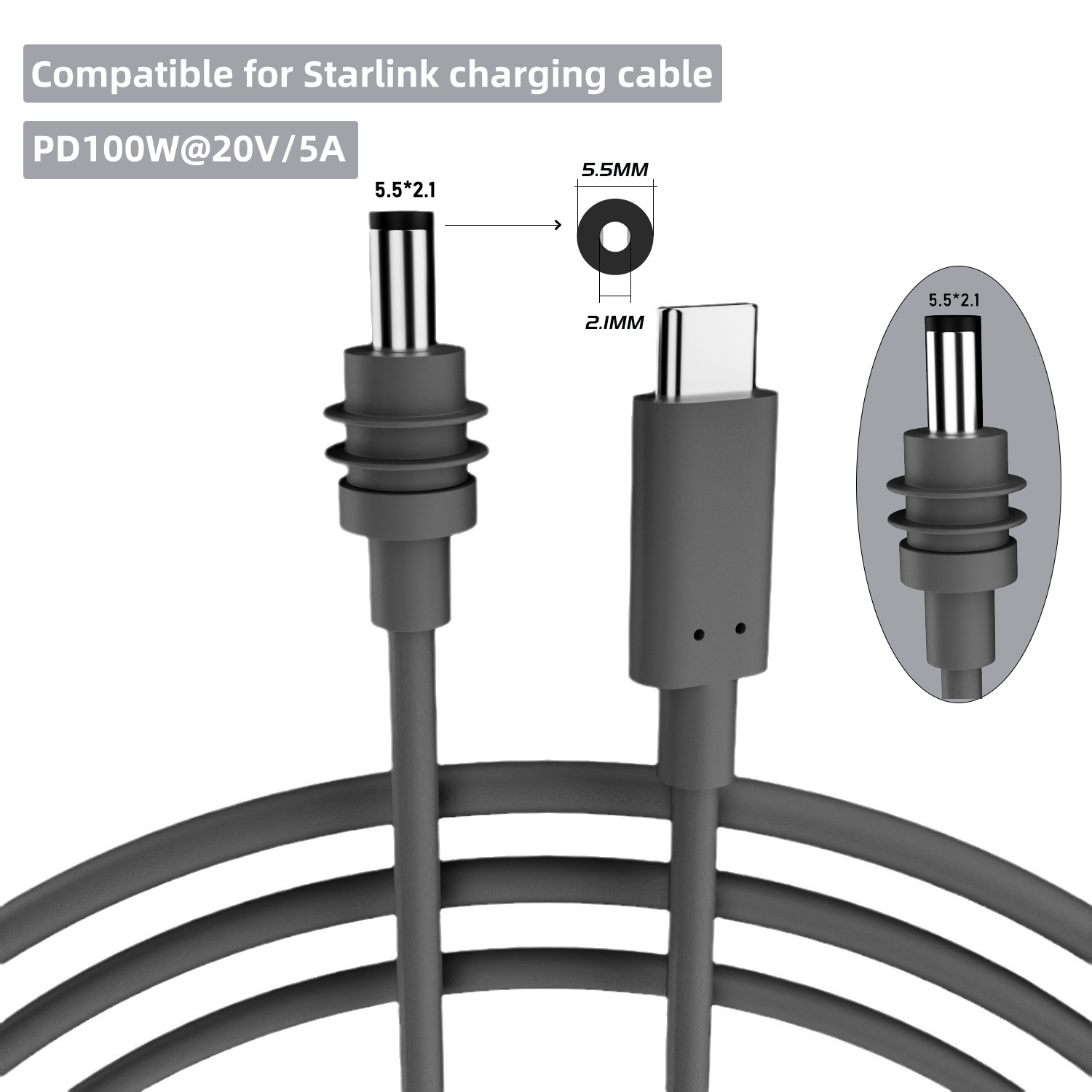 Cavo di ricambio per Starlink Mini da 2M (6.6ft) con ingresso DC Type-C, impermeabile per esterni, con connettore a barilotto per ricarica
