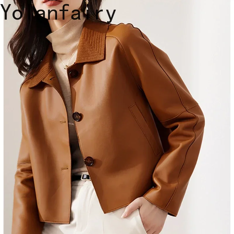 Chaqueta de cuero genuino para mujer, abrigo de piel de oveja auténtica para primavera y otoño, chaquetas de cuero elegantes, gabardinas para mujer, Jaquetas SGG 2024