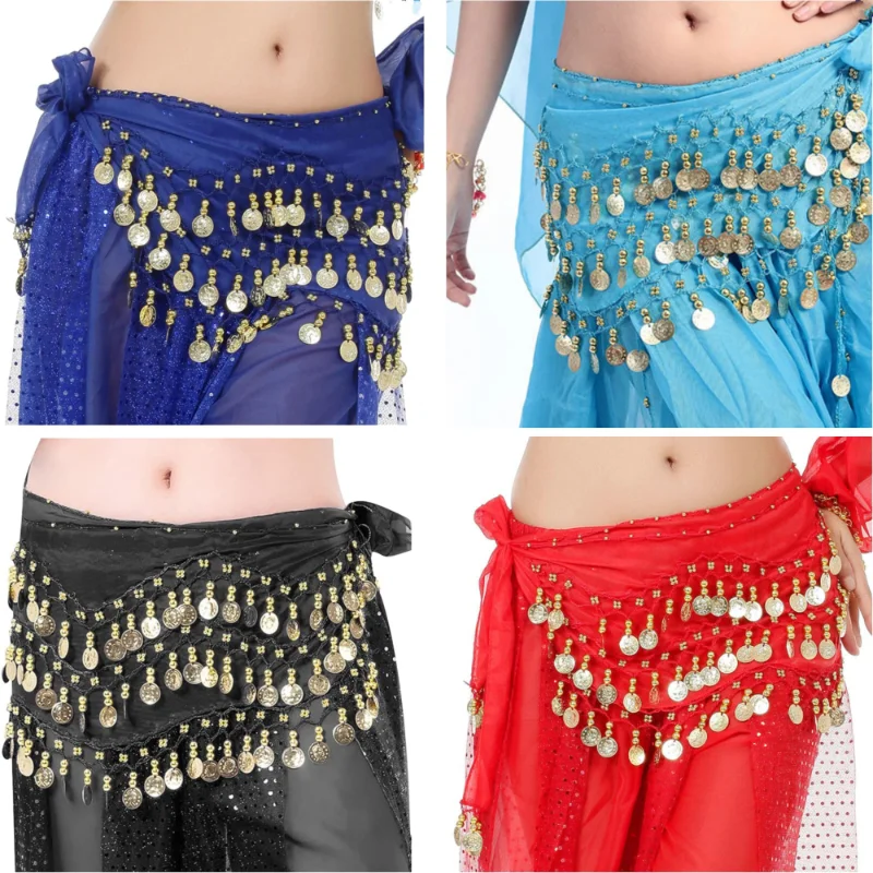 Cinture di danza del ventre Cintura a 3 file Cintura con monete tono oro Donna 140 cm Paillettes Nappe Sciarpa in chiffon Accessori per cinture di danza del ventre