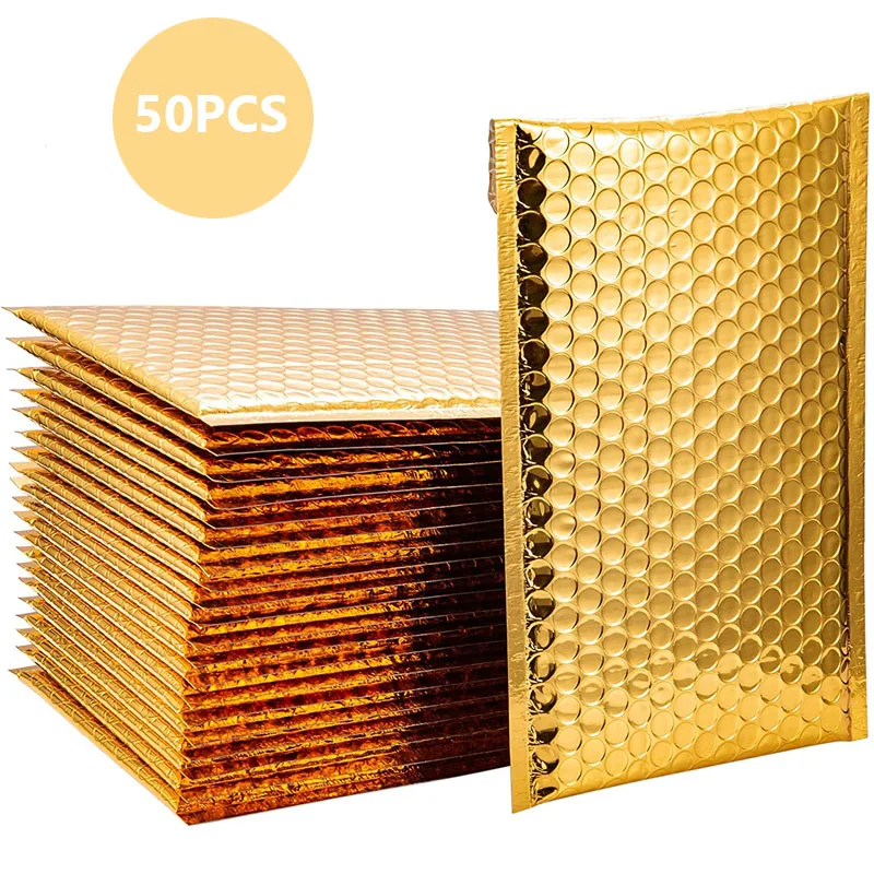50Pcs Gold Silver Laser Bubble Envelope Foam Foil Mailing Bag Holographic Shockproof Mailer Envelopes Bag Gift Packaging