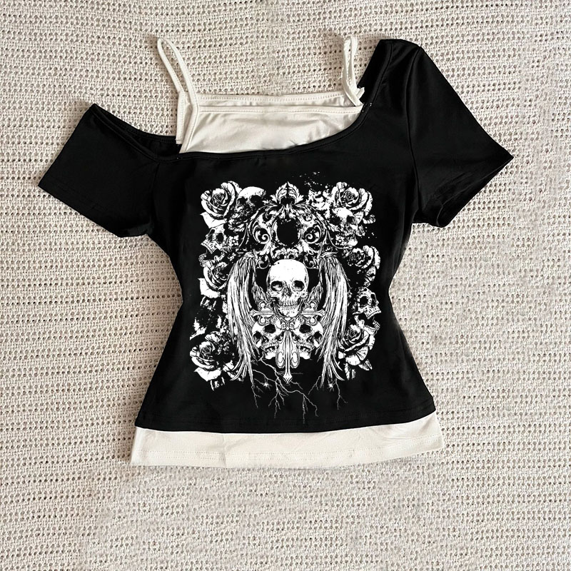 Camiseta gótica Retro con estampado de dos piezas para mujer, ropa de calle Y2K de verano, informal ajustada con hombros descubiertos, Millennium Harajuku