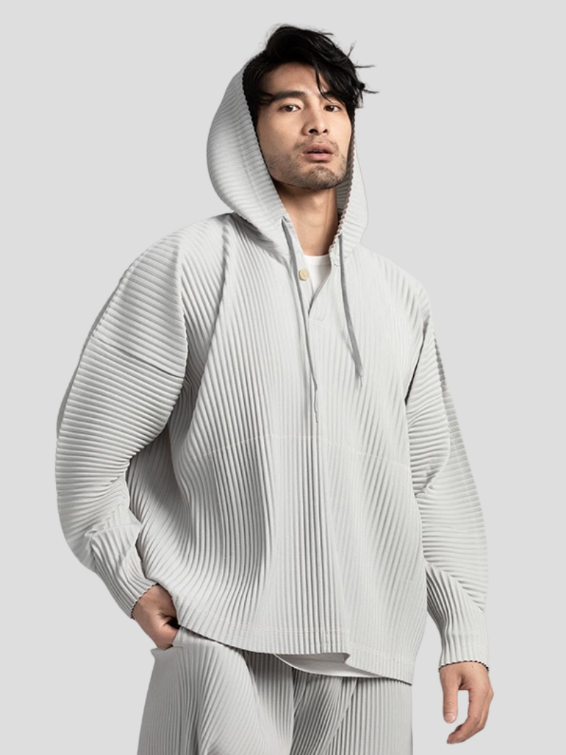Moletons plissados Miyake para homens respiráveis com cordão solto casual