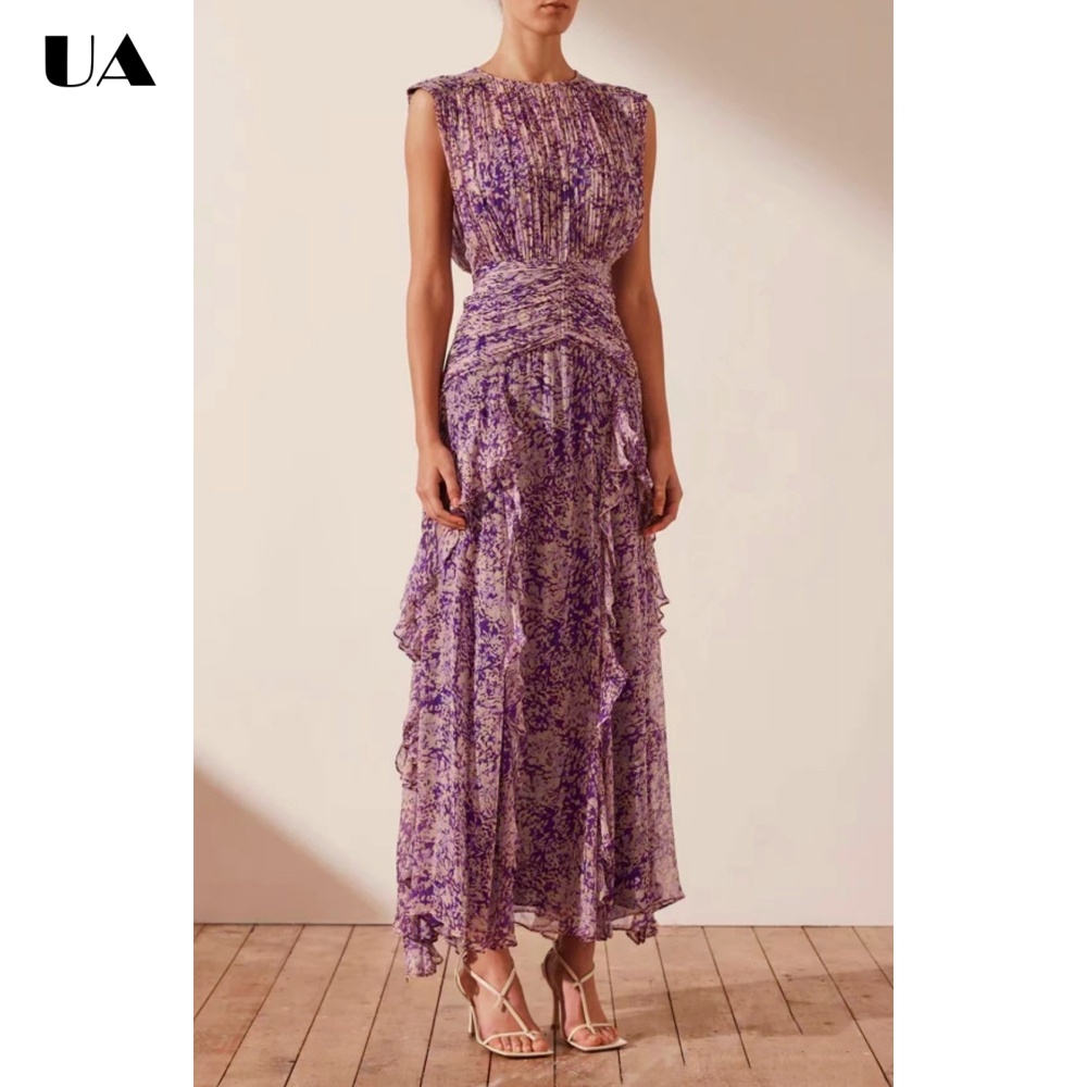 Vestidos Elegantes de Chiffon com Estampa e Decote Redondo para Mulheres, Vestido Longo Sem Mangas com Babados, Vestido de Festa com Cintura Franzida