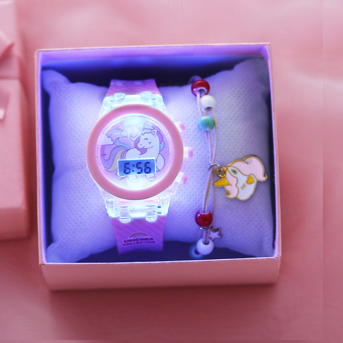 Relojes de unicornio para niñas con caja de pulsera, correa de silicona, luz de Flash, reloj para niños, reloj infantil para mujeres