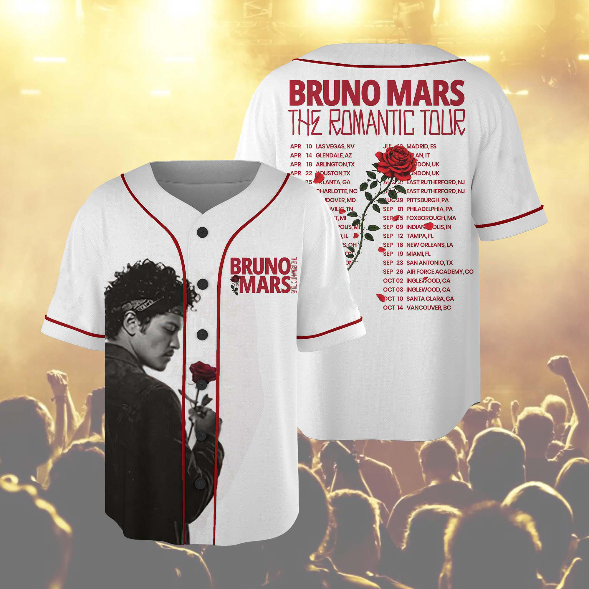 Maglia da baseball Bruno Mars The Romantic Tour 2026, maglietta da concerto retrò, regalo vintage per fan della musica degli anni '90 per fan, bambini e adulti