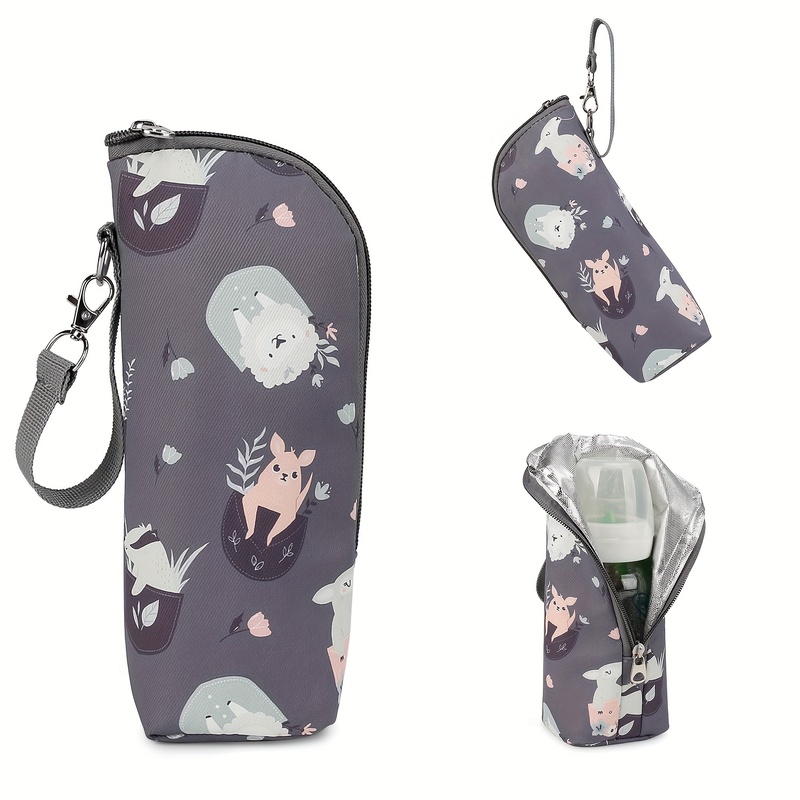 Bolsa de botella aislada con estampado animal lindo, bolsa de pañales portátil con cremallera para uso diario en viajes
