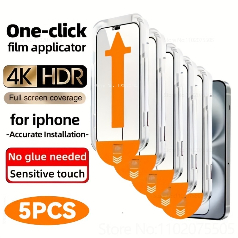 5 pezzi 4K Ultra HD vetro temperato per IPhone 16/15/14/13 Promax protezione schermo 16E 11 Pro 12Mini XR XS applicatore di pellicola con un solo clic