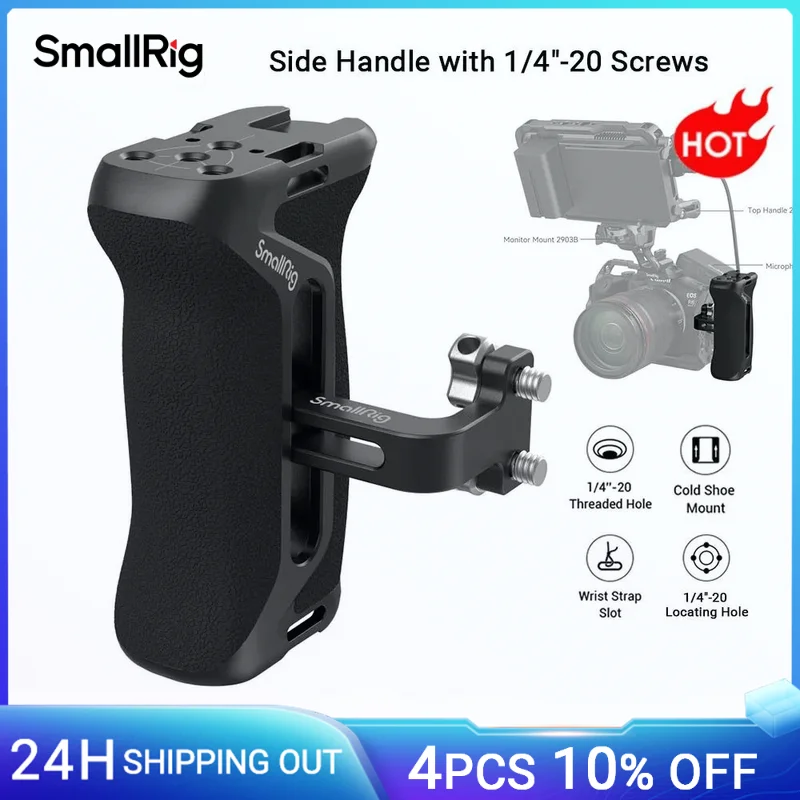SmallRig Side Handle with 1/4"-20 Screws Universal Aluminum Silicone Grip for DSLR Camera Cage, with Cold Shoe Mount -4015