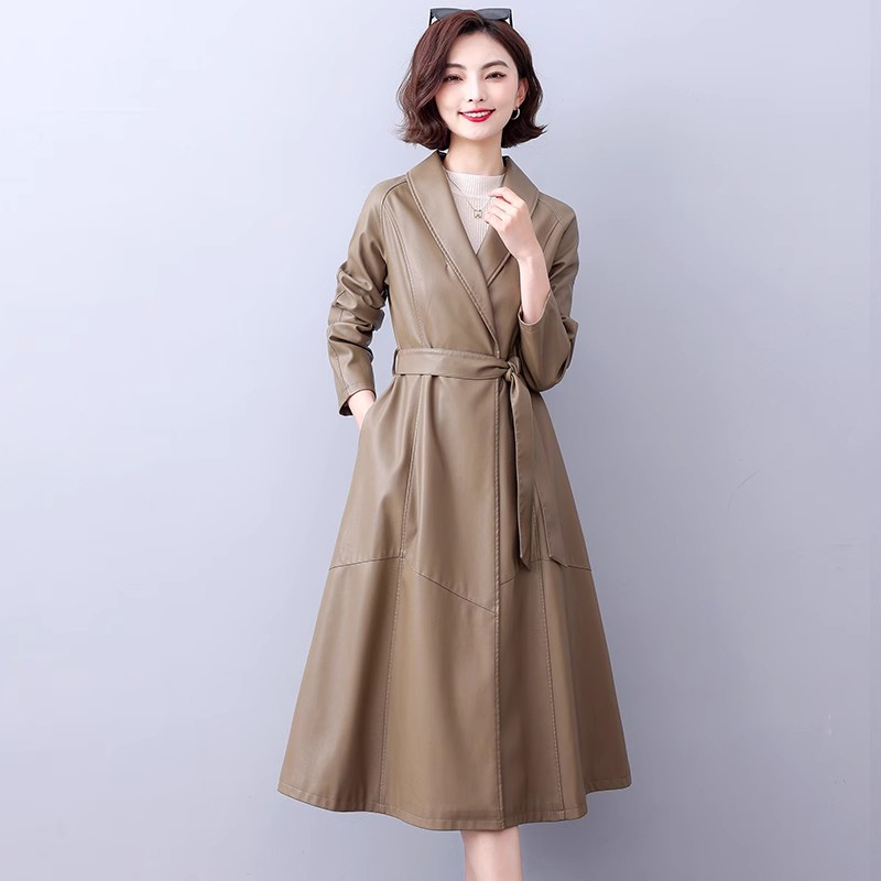Novo Mulheres Casaco longo de couro Primavera Outono Moda Colarinho virado para baixo Amarrar Magro Couro Dividido Casaco impermeável Casual Casaco de pele de carneiro