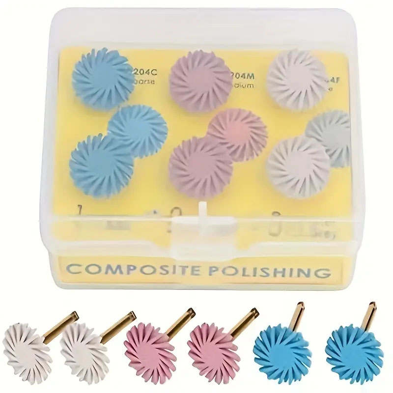 Disco de pulido de resina compuesta Dental, pulidor de goma, rueda de 14mm, 3 colores, cepillo flexible en espiral, instrumento de odontología, 6 uds. Por caja