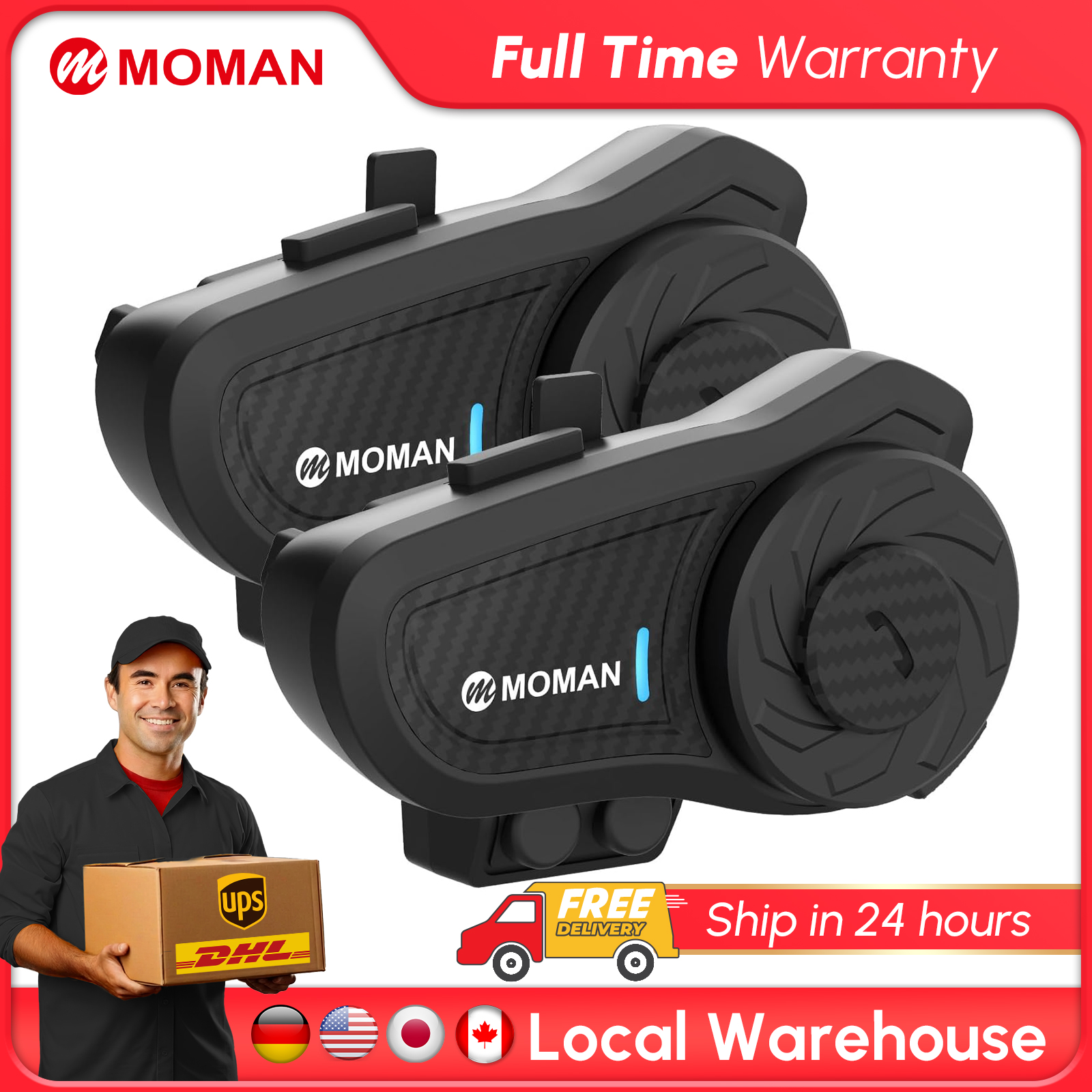 Moman H2PRO Motorradhelm-Headset, wasserdichter Moto-Kopfhörer mit FM-Radio, Musik, Teilen, LED-Anzeige für Fahrer
