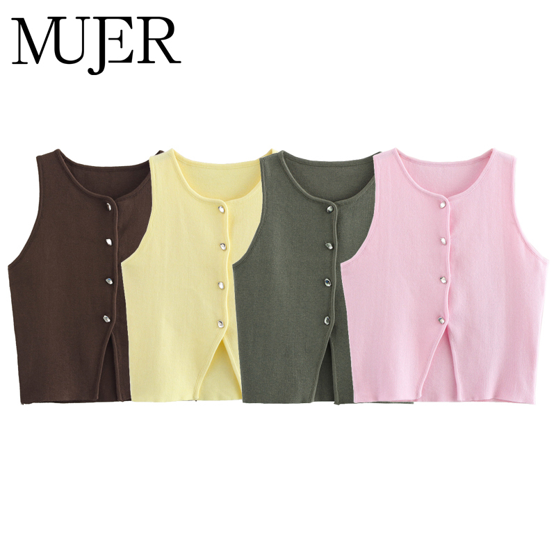 MUJER-Chaleco sin mangas de punto rosa para mujer, suéter recortado, Top, chalecos con botones amarillos, ropa de calle, chaleco, prendas de punto