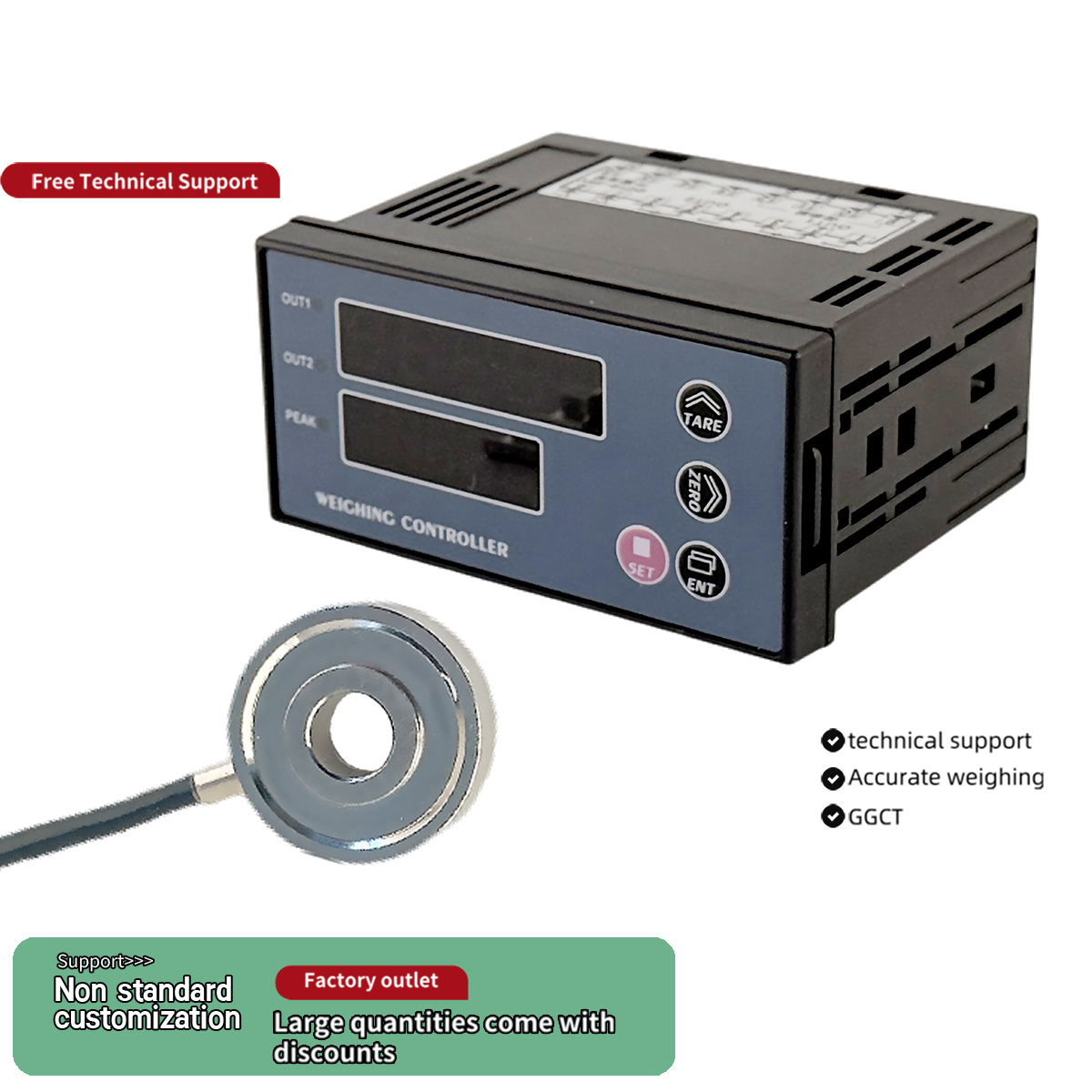 Capteur de pression annulaire en acier inoxydable haute précision avec contrôleur de pesage à double affichage, kit de cellule de charge type donut 50kg-5t